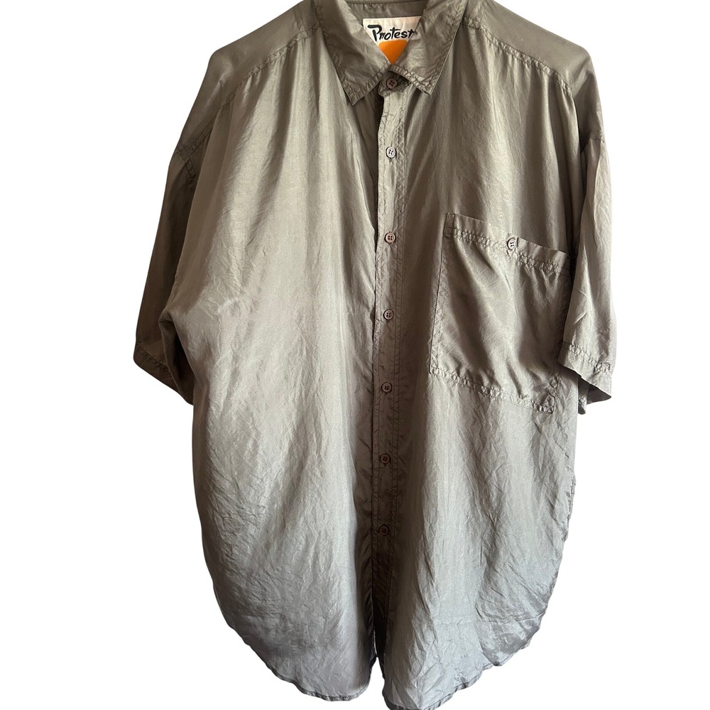 Protest Mens 100% Silk Short Sleeve Button Down Shirt Olive Green Grey Size M